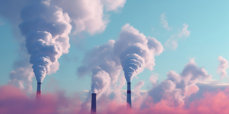 Factory chimneys with blue sky and pink cloudsの素材