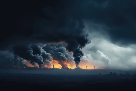 Industrial landscape with heavy smoke from factory chimneys. Climate change concept.の素材
