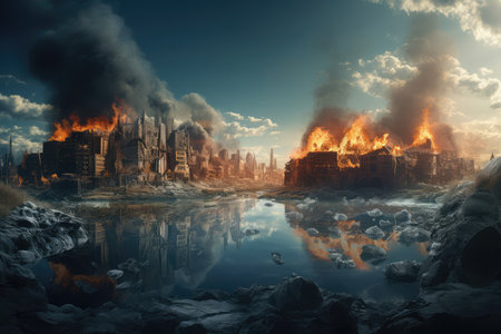 Fantasy landscape with a burning city and a river.の素材