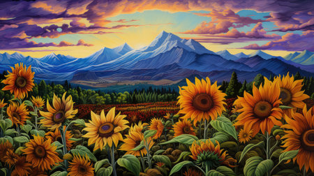 Beautiful landscape with sunflowers and mountains. Digital painting.の素材