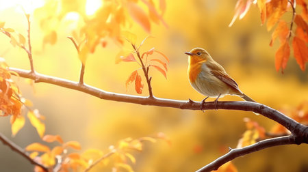 European robin (Erithacus rubecula) perched on a branch in autumnの素材