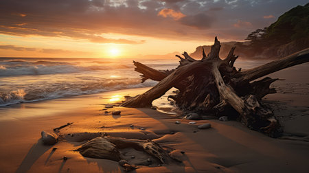 Dead tree on the beach at sunset, New Zealand. Long exposure.の素材