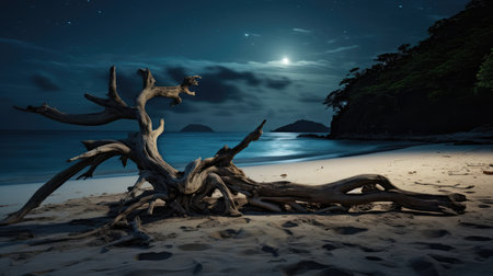 Dry tree on the beach at night with full moon and starsの素材