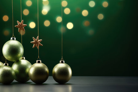 Christmas decoration with baubles and star on green bokeh backgroundの素材