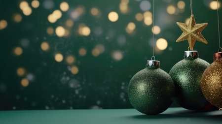 Christmas ornaments on green background with bokehの素材