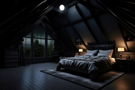 Dark attic bedroom with wooden floor and big bedの素材