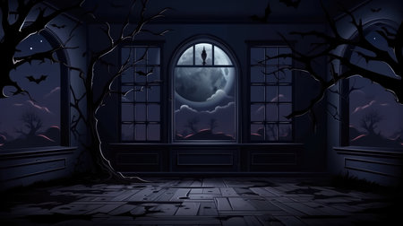 Halloween room background with full moon, haunted house, bats and windowの素材