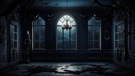 Halloween dark room with a big window and full moon.の素材