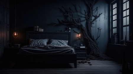 Dark room with a big wooden bed and a big tree.の素材
