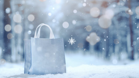 Shopping bag on snow with bokeh background. Christmas and New Year concept.の素材