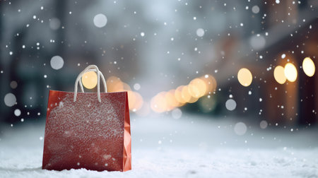 Red paper shopping bag on snow background with bokeh lights and snowfallの素材