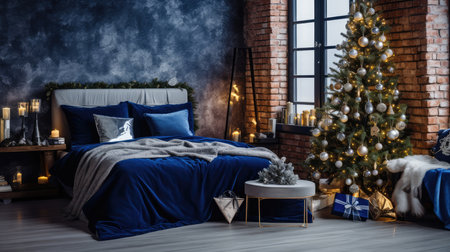 Stylish bedroom interior with a Christmas tree, presents and fireplace.の素材