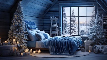 Christmas interior. Bedroom with Christmas tree.の素材