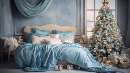 Christmas bedroom with a Christmas tree and presents.の素材