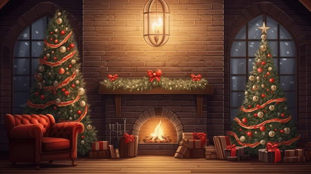 Christmas living room with fireplace and christmas tree.の素材