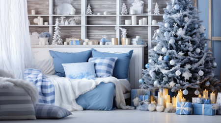 Christmas tree with blue pillows and candles in bedroom.の素材