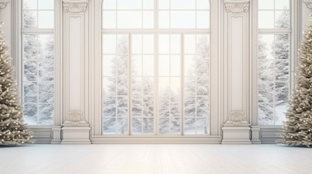 Interior with large window and christmas tree.の素材