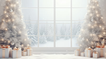 Winter scene with snow covered window and christmas tree.の素材