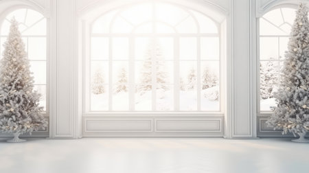 Empty white room and view of winter landscape.の素材