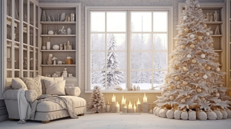 Christmas interior with Christmas tree and fireplace. Winter background.の素材