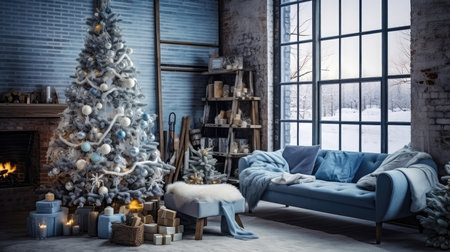 Christmas living room interior with decorated Christmas tree and blue sofa.の素材