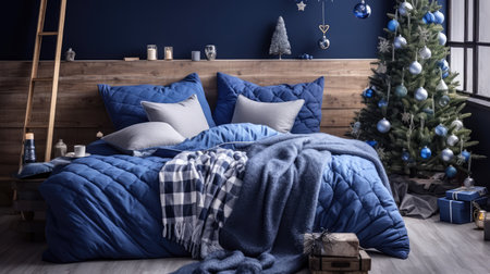Blue bed with pillows and plaid in the room decorated for Christmasの素材