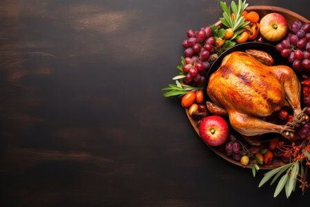 Thanksgiving dinner. Roasted turkey or chicken with autumn fruits on wooden background. Top view, copy spaceの素材