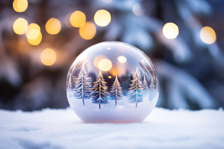 Christmas glass ball with fir trees on snow and bokeh backgroundの素材