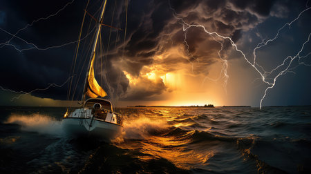 Storm over the sea with a sailboat.の素材