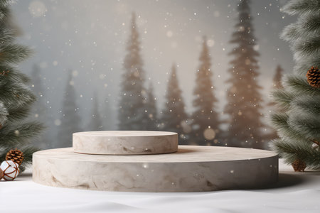 Stone podium and Winter scene with Christmas tree and snowflakes.の素材