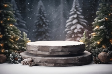 Stone podium for product presentation with Christmas tree and snowfall.の素材