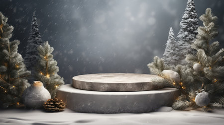 Winter scene with empty podium and Christmas decorations.の素材