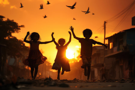 Silhouette of children playing on the street at sunset and birds flying.の素材