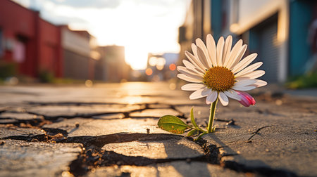 Daisy flower growing on cracked road in the city at sunset.の素材