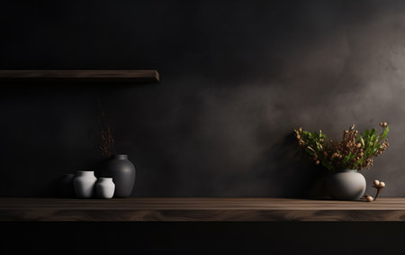 Wooden shelf with vases and plants in dark roomの素材