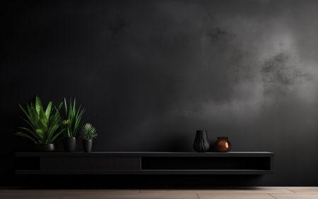 Black shelf with plant in dark room.の素材