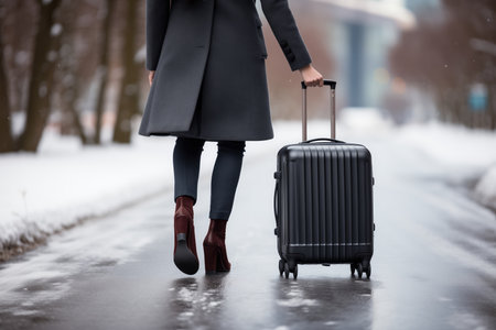 Young woman with a suitcase on a winter road. Travel concept.の素材
