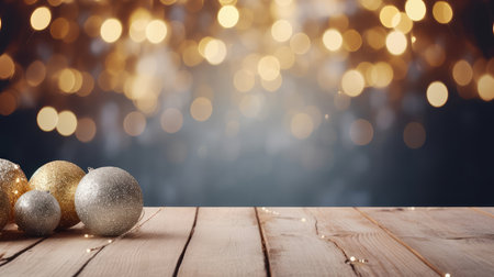 Wooden table and christmas balls on bokeh background.の素材