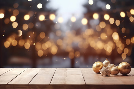 Wooden table with christmas baubles on bokeh backgroundの素材