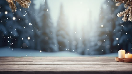 Wooden table with christmas decorations on snowy background. Christmas and New Year conceptの素材