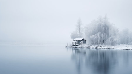 Foggy winter morning on the lake, panoramic viewの素材