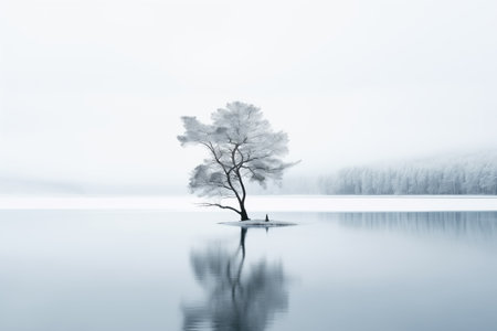 Lonely tree on the lake in the mist. Winter landscapeの素材