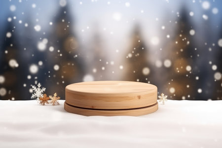 Wooden product stand on snow with bokeh background.の素材