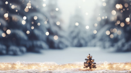 Christmas greeting card. Christmas tree on snow with bokeh background.の素材