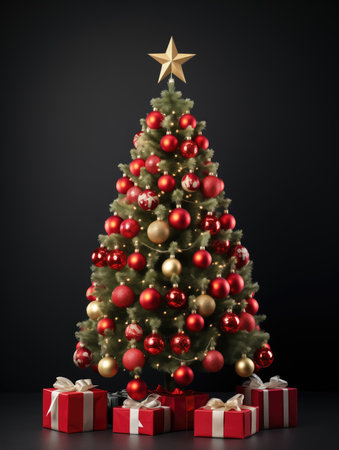 Christmas tree with red and gold baubles and gifts on black backgroundの素材