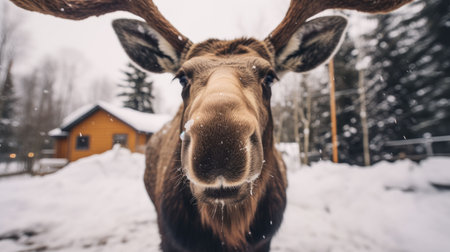 Reindeer in the snow on the background of a wooden houseの素材
