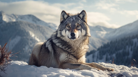 Grey wolf in the mountains on a sunny winter day. Animal portrait.の素材