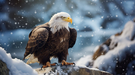 Bald Eagle standing on rock and winter landscapeの素材