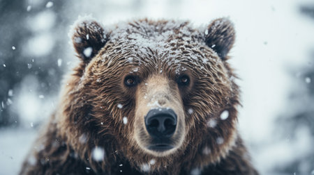 Brown bear in the winter forest. Dangerous animal in natural habitat. Wildlife sceneの素材