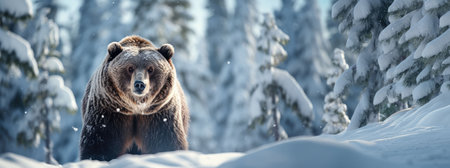 Grizzly Bear in the winter forest. Panoramic banner.の素材